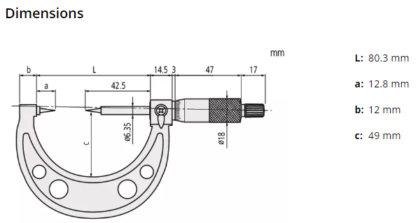 Point Micrometer with Hardened Tip 25-50mm, 15° Tip 112-154