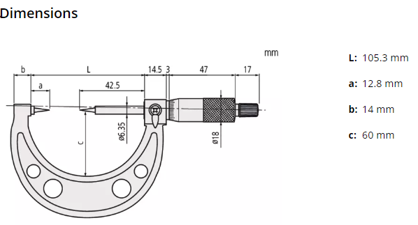 Point Micrometer with Hardened Tip 50-75mm, 15° Tip 112-155