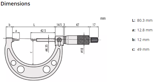 Point Micrometer with Carbide Tip 25-50mm, 30° Tip 112-214