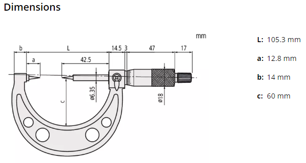 Point Micrometer with Carbide Tip 50-75mm, 30° Tip 112-215