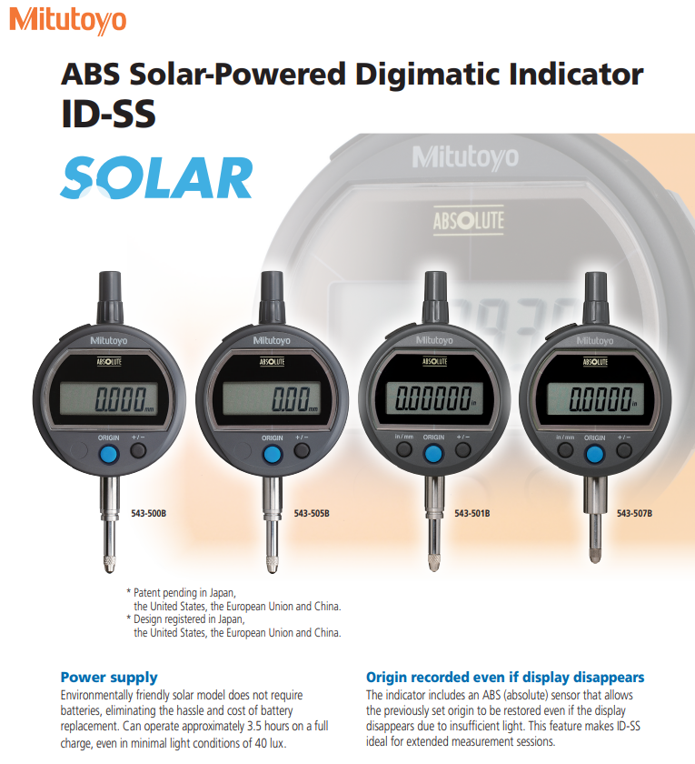 Mitutoyo 543-507 Absolute Solar Digimatic Indicator ID-S .5/12.7mm Travel; Resolution .0005''/.01mm, Accuracy .001''/.02mm, Stem 3/8'', With Lug back