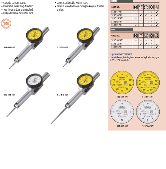 Dial Test Indicator, Pocket Type 0.5mm, 0.01mm, D=4/8 mm Stem, with Bracket 513-514T