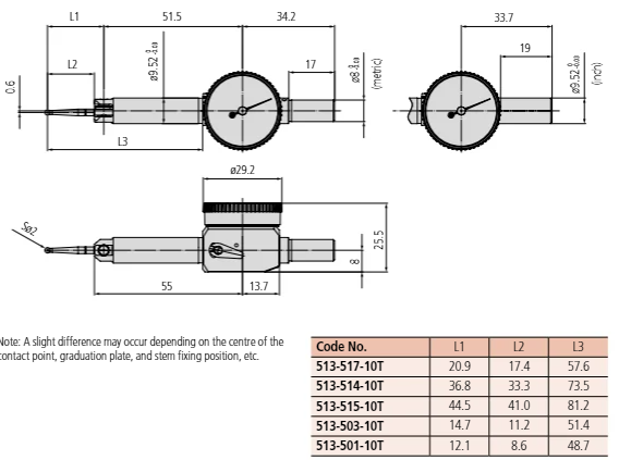 Dial Test Indicator, Pocket Type 0.04", 0.001", D=9.52mm Stem 513-518-10E