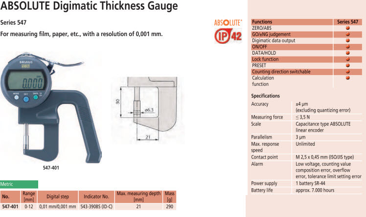 Digital Thickness Gauge, High Accuracy 0-12mm, 0,0005mm 547-401