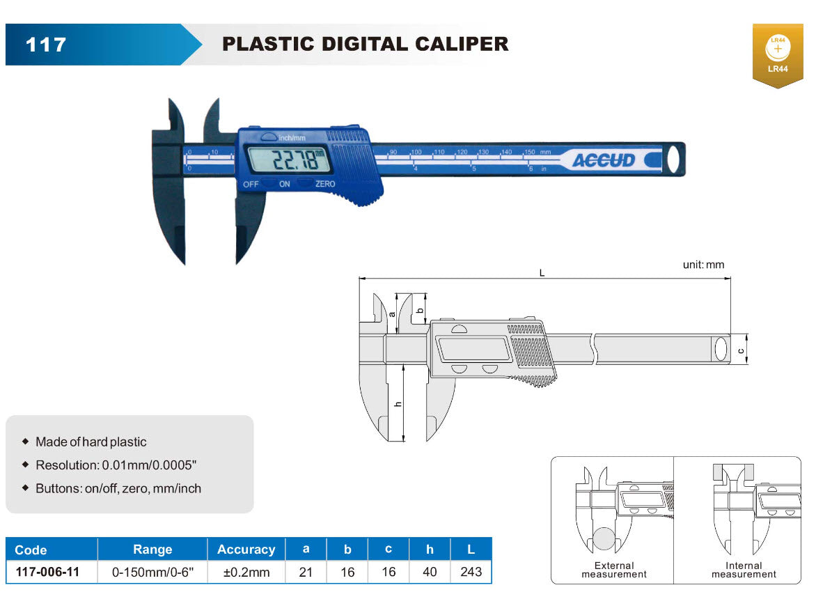 Accud 117-006-11 Plastic Digital Caliper 0-150mm/0-6" Resolution .01mm/.0005"