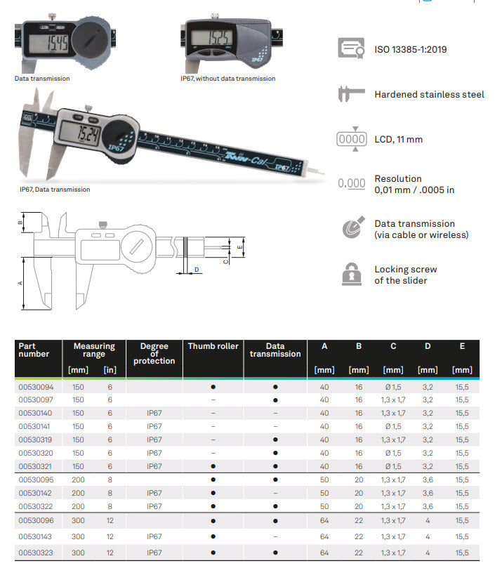 Twin-Cal Digital Caliper 0-150mm/0-6" IP67 (Square Depth Rod) 00530319 Resolution.01mm/.0005"