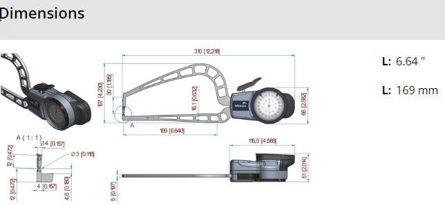 External Dial Caliper Gauge 209-917, 0-2" Grad .001" Wall thickness