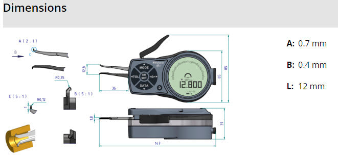 Internal Digital Caliper Gauge 209-934, 2.5-12.5mm/.1-.5"