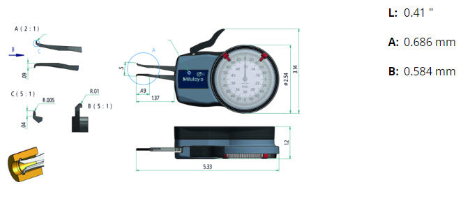 Metric Internal Dial Caliper Gauge .1-.5" x .0002" 209-350