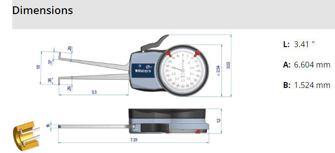 Metric Internal Dial Caliper Gauge .8-1.6" x .0002" 209-354