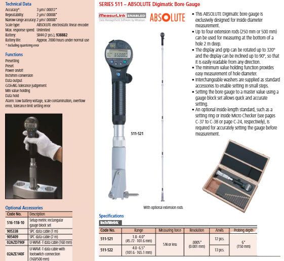 Digital ABS Bore Gauge 511-522 Range 100-165mm/4-6.5"