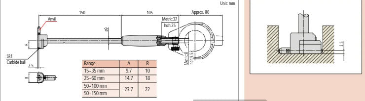 2-Point Inside Measuring Instrument 30-60mm Blind bores, Graduation .001mm 511-436-20