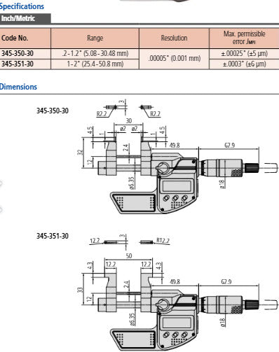 Mitutoyo Digital Inside Micrometer. Caliper Type 345-351-30 Range 25.4-50.8mm/1-2"