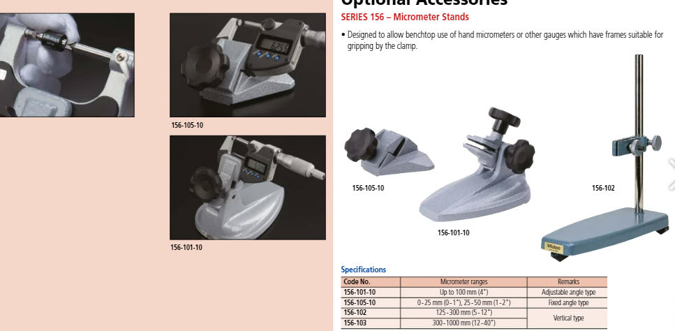 Mitutoyo Micrometer Stand, 45° Angle Type for Micrometer 0-50mm/0-2" 156-105-10