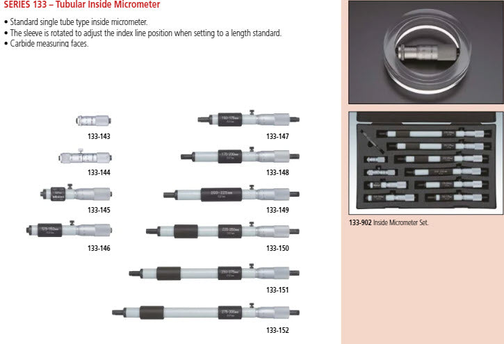 Mitutoyo Tubular Inside Micrometers 133-143 Range 50-75mm Graduation .01mm Accuracy .003mm