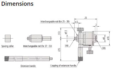 Inside Micrometer, Interchangeable Rods 1-2", with 2 Rods, Hardened Face 141-102