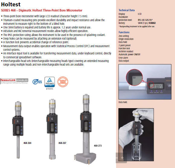 Digital 3-Point Internal Micrometer Set 0,5-0,8", Interchange. Head IP65, 468-977