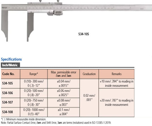 Vernier Caliper, Long Jaw, Fine Adjust. 0-750mm/0-30", 0,02mm, Metric/Inch 534-107