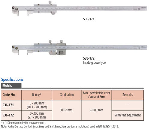 Mitutoyo Vernier Hook Type Caliper, Fine Adjust. 0-200mm, 0,02mm, Metric 536-172