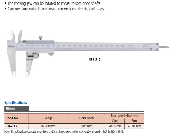 Mitutoyo Vernier Caliper Swivel Jaw 0-200mm, 0,05mm, Metric 536-212