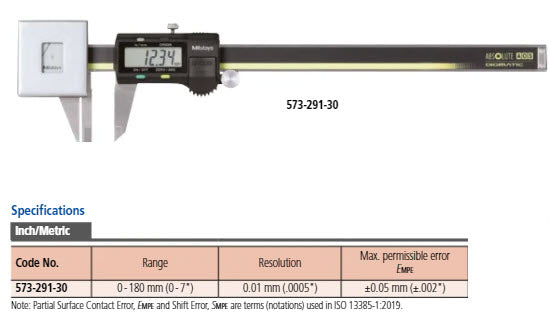 Digital ABS AOS Caliper, Inch/Metric Constant Measuring Force, 0-7” 573-291-20