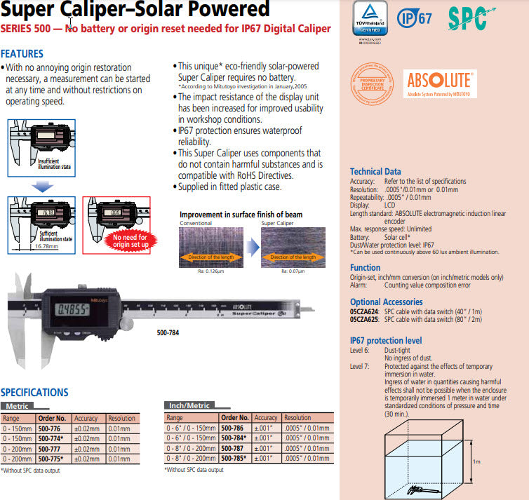 Digital Solar Caliper, 0-150mm/0-6" x .01mm/.0005" No Output, Square Depth Rod & Thumb Roller 500-786 IP67