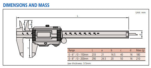 Digital Solar Caliper, 0-150mm/0-6" x .01mm/.0005" No Output, Square Depth Rod & Thumb Roller 500-786 IP67