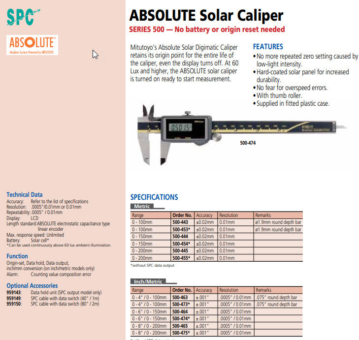 Digital Solar Caliper, 0-200mm/0-8" x .01mm/.0005" No Output, Square Depth Rod & Thumb Roller 500-787 IP67