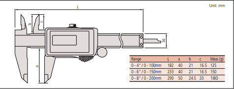 Digital Solar Caliper, 0-200mm/0-8" x .01mm/.0005" No Output, Square Depth Rod & Thumb Roller 500-787 IP67