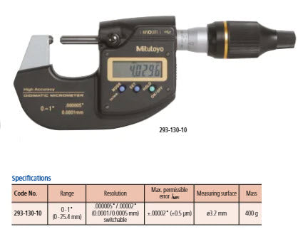 Mitutoyo 293-100-20 Digimatic High-Accuracy Metric Micrometer 0-25mm