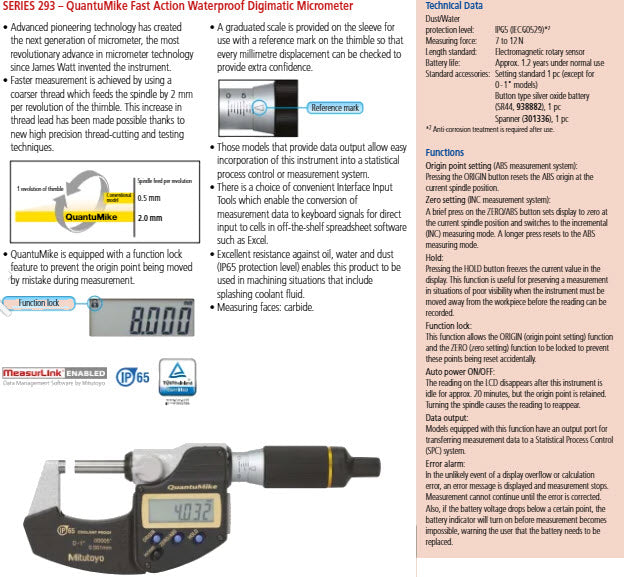 Digital Micrometer QuantuMike IP65 Inch/Metric, 0-25mm/0-1" 293-185-30 No Output