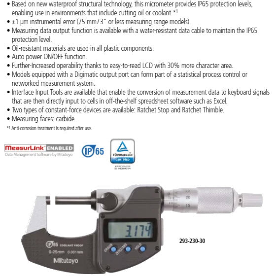 Digital Micrometer IP65, Inch/Metric 225-250mm/9-10", with Output Item number: 293-355-30 Ratchet stop