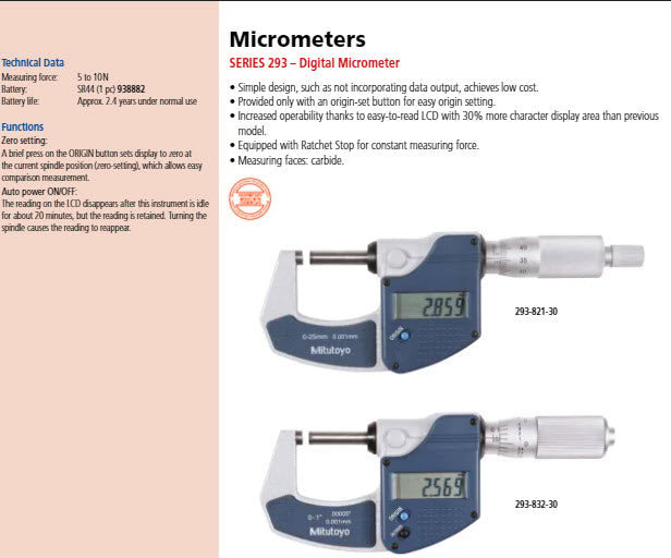 Metric Digimatic Micrometer 0-25mm, W/O Output  293-821-30