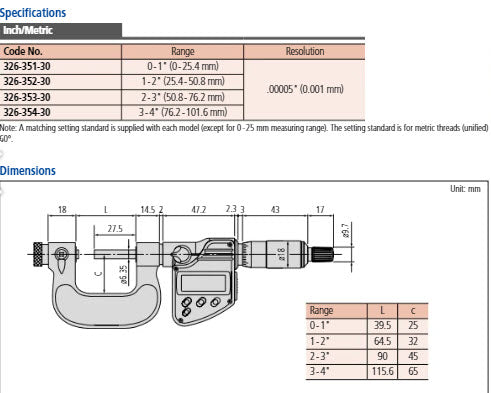 Digital Screw Thread Micrometer IP65 Inch/Metric, 0-1" 326-351-30