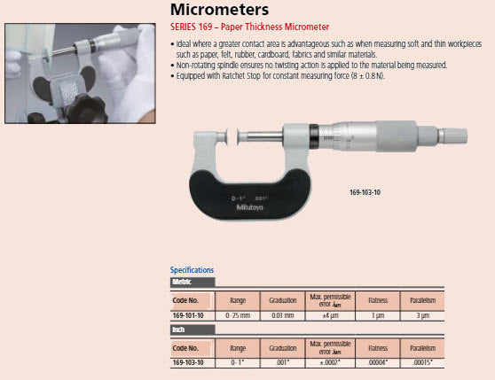 Mitutoyo Disc Micrometer, Non-Rotating Spindle, 0-25mm, Full Faced, D=14,3mm 169-101-10