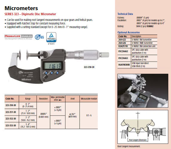 Digital Disc Micrometer IP65 Inch/Metric, 0-1", Disk=20mm 323-350-30