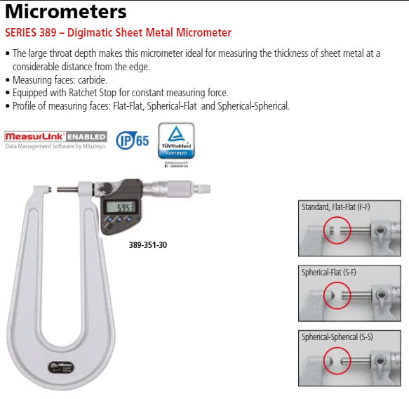 Digital Sheet Metal Micrometer IP65 Inch/Metric, 1-2", Spherical Anvil/Spindle 389-372-30