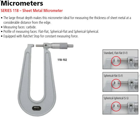 Sheet Metal Micrometer 0-25mm, Flat Anvil/Spindle, 150mm Throat 118-102