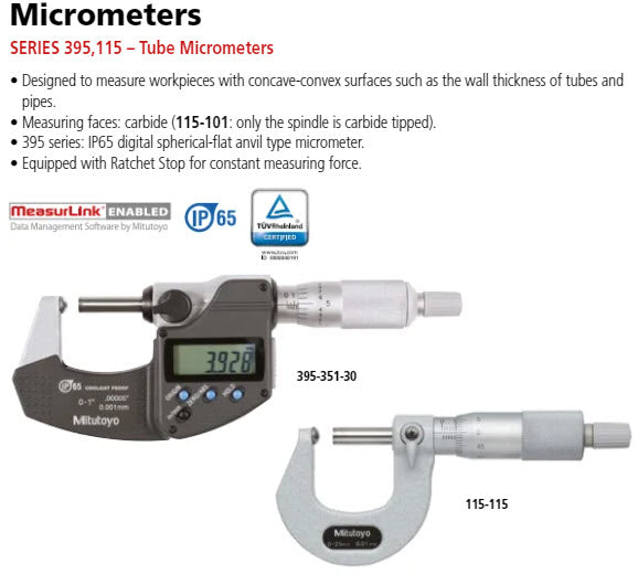 Digital Tube Micrometer, Spherical Anvil Inch/Metric, 75-100mm/3-4", IP65 395-354-30