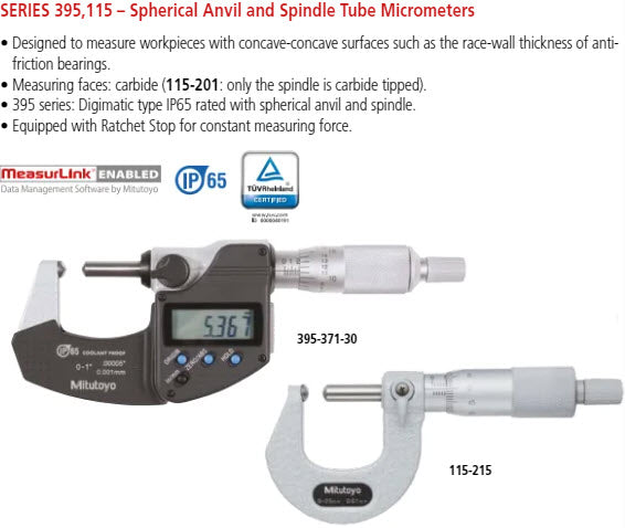 Digital Tube Micrometer. Spherical Anvil/Spindle Inch/Metric, 50-75mm/2-3", IP65 395-373-30