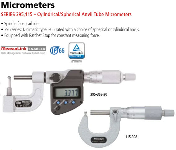 Digital Tube Micrometer, IP65, Inch/Met. Spherical Anvil Flat Spindle, 0-25mm/0-1" 395-363-30