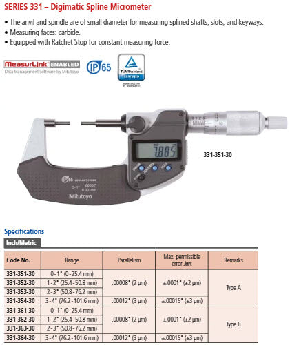 Digital Spline Micrometer IP65 Inch/Metric, 50-75mm/2-3", 2mm Measuring Face 331-363-30