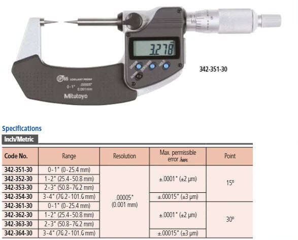 Digital Point Micrometer IP65 Inch/Metric, 50-75mm/2-3", 30° Tip 342-363-30