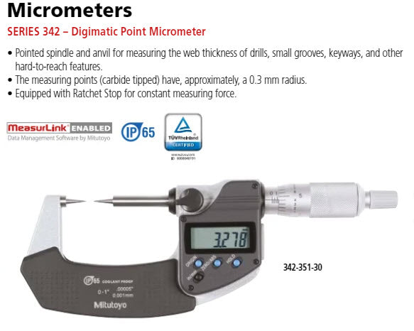 Digital Point Micrometer IP65 Inch/Metric, 50-75mm/2-3", 30° Tip 342-363-30