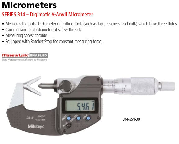 Digital 3 Flute V-Anvil Micrometer 1-1,6" 314-353-30