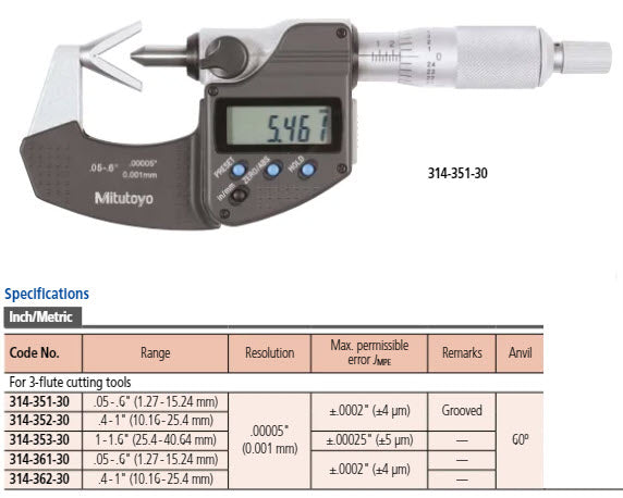 Digital 3 Flute V-Anvil Micrometer 1-1,6" 314-353-30