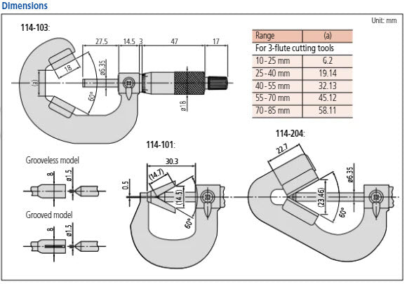 3 Flute V-Anvil Micrometer 70-85mm 114-106