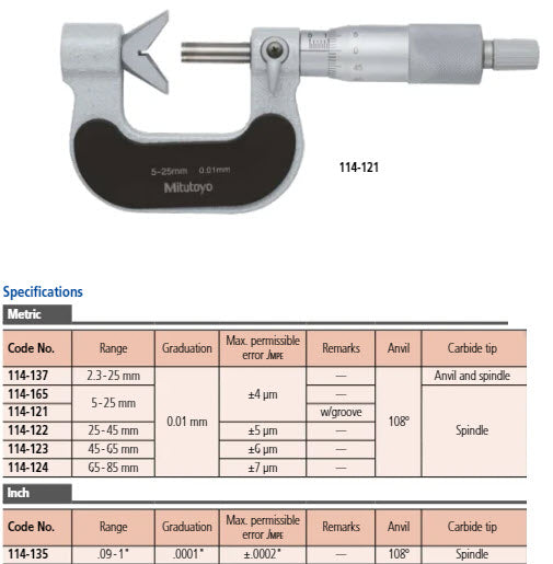 5 Flute V-Anvil Micrometer 65-85mm 114-124