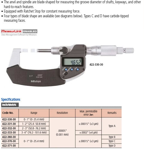 Digital Blade Micrometer, Blade=0,4mm Carbide-Tipped, Inch/Metric, 0-1" 422-371-30