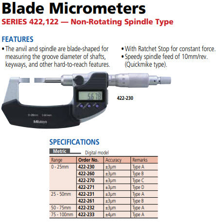 Digital Blade Micrometer, Blade=0,75mm 25-50mm 422-231-30